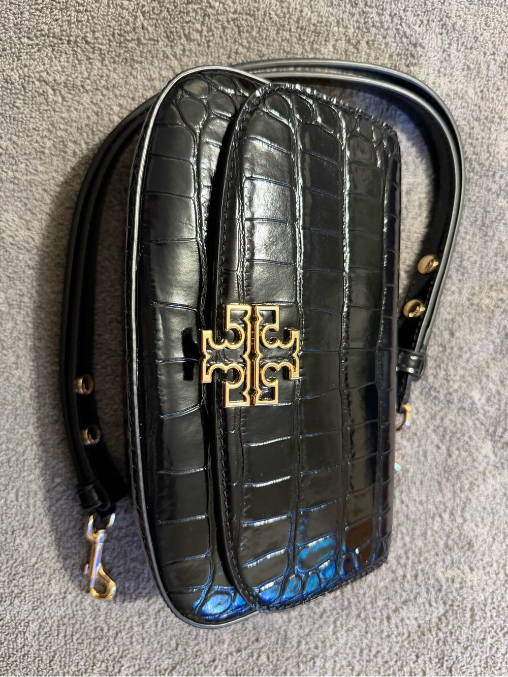 Tory Burch Black Croc-Embossed Leather Crossbody Bag with Gold Logo